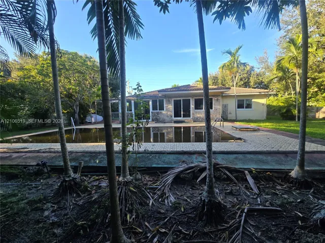 In-ground swimming pool with stone-tiled patio, mature palm trees, and exterior sliding glass doors