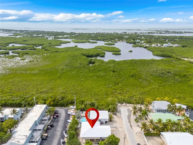 Aerial perspective of a coastal property featuring a metal roof, an in-ground swimming pool, and proximity to open water and mangrove preserves