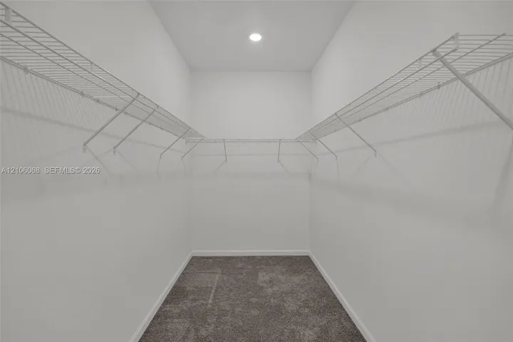 Storage area featuring wall-to-wall wire shelving and carpeted flooring