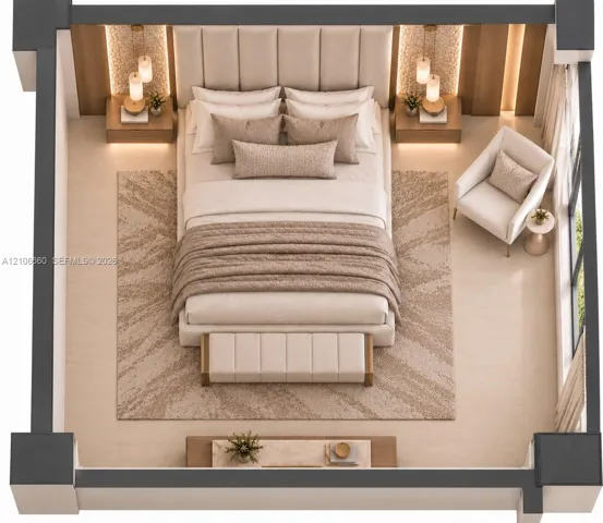 Floor-to-ceiling upholstered headboard, integrated wall paneling, dual built-in bedside tables with pendant lighting, and neutral large-format tile flooring