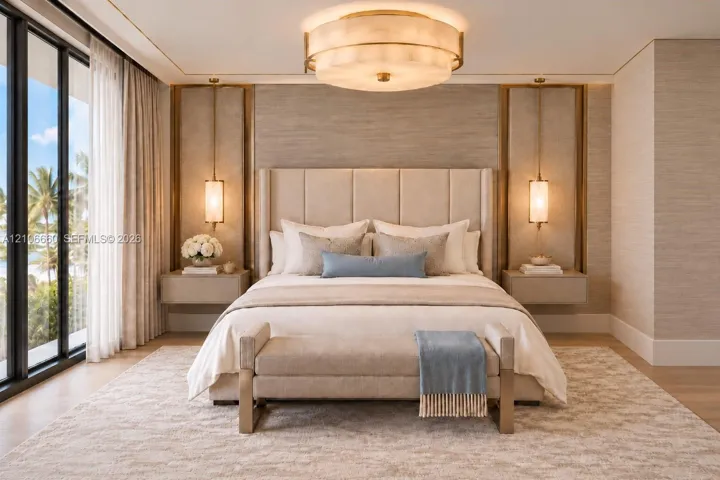 Room featuring floor-to-ceiling windows, dual built-in floating bedside consoles, custom gold-accented wall paneling, pendant lighting, and a tiered circular ceiling fixture