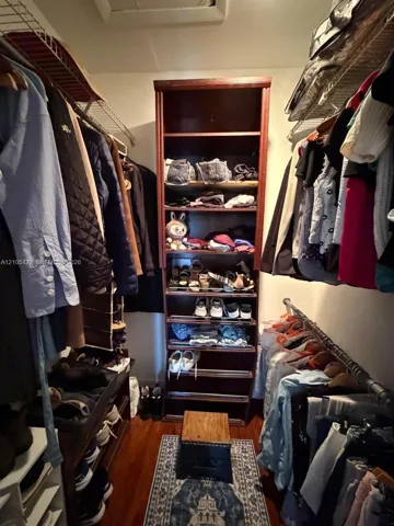 Walk-in closet featuring wood-finish flooring, built-in shelving unit, and integrated wire racking systems