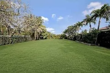 Expansive grounds featuring a manicured lawn, perimeter hedge fencing, and mature palm trees