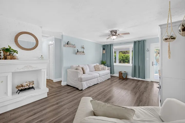 Living room with decorative fireplace