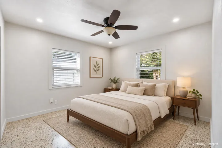 Warm mid-century bedroom staging