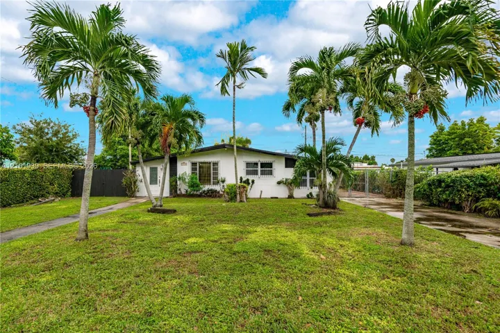 Single-story exterior featuring white stucco siding, a flat roofline, mature palm trees, a concrete driveway, and black wood privacy fencing