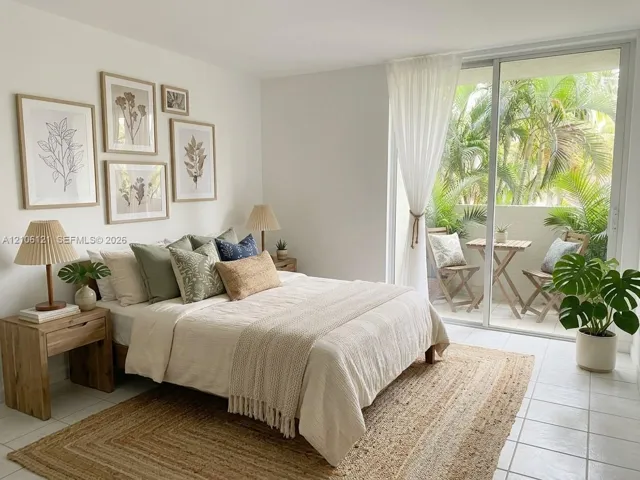 Room featuring neutral-toned tile flooring and expansive sliding glass doors opening to a private balcony