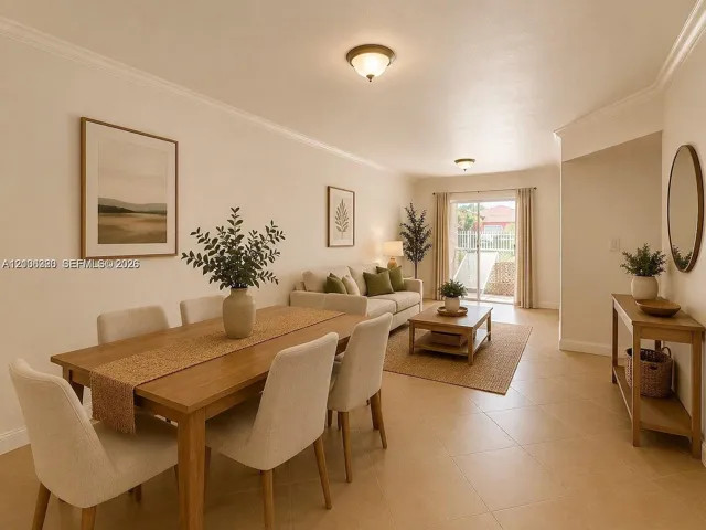 Neutral-toned tile flooring, flush-mount ceiling lighting, crown molding, and a sliding glass door providing external access