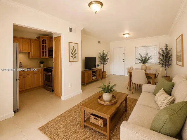 Open-concept layout featuring neutral ceramic tile flooring, crown molding, and wooden cabinetry with glass-front detailing