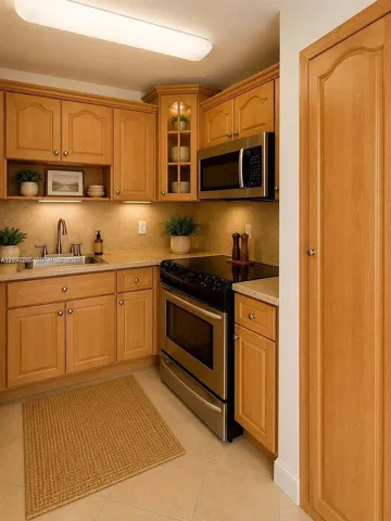 Kitchen featuring wood cabinetry with glass-front display accents, stone-composite countertops, integrated under-cabinet lighting, stainless steel appliances, and a full-height pantry closet