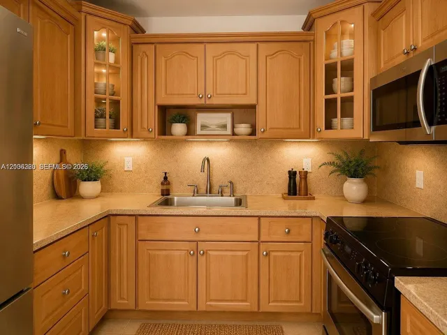 Kitchen featuring light wood cabinetry with upper glass-front display panels, stone-finish countertops, an undermount stainless steel sink with a gooseneck faucet, and stainless steel appliances