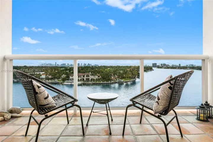Covered balcony featuring tile flooring and a white railing overlooking a waterway and city skyline