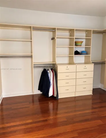 Custom walk-in closet featuring extensive built-in shelving, hanging rods, multi-drawer storage, and wood-finish flooring