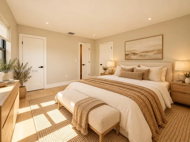 Neutral-toned interior featuring wood-finish flooring, recessed ceiling lighting, and solid-core interior doors with matte black hardware