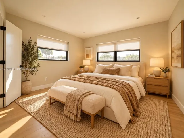 Neutral-toned bedroom featuring wood-finish flooring, dual windows with dark frames, recessed ceiling lighting, and solid core doors