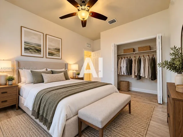 Bedroom featuring wood-finish flooring, a ceiling fan with integrated lighting, and a reach-in closet with bi-fold doors