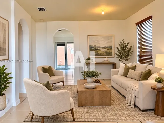 Interior space featuring arched doorways, light-toned floor tile, and wood-slat window blinds
