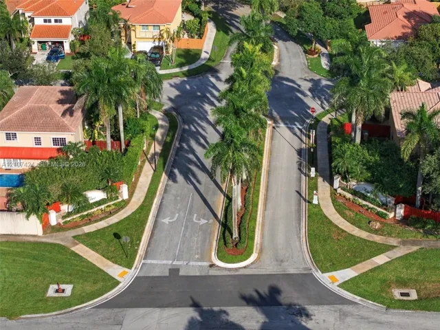 Aerial perspective of a residential street featuring a palm-lined median, asphalt roadways, sidewalks, and surrounding landscaped grounds