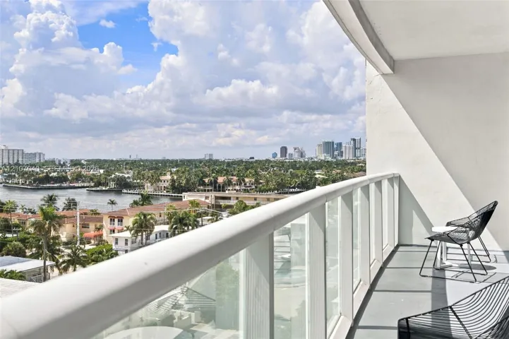Covered balcony with a glass panel railing, showcasing panoramic water and cityscape scenery