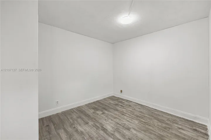 Interior space featuring wood-finish flooring, smooth-finish walls, and a ceiling-mounted light fixture