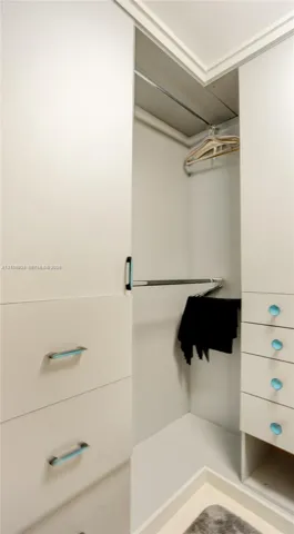 Built-in cabinetry featuring matte white finish, integrated hanging rods, and drawers with metal hardware