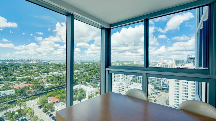Floor-to-ceiling wrap-around windows featuring dark metal framing and panoramic urban and water scenery