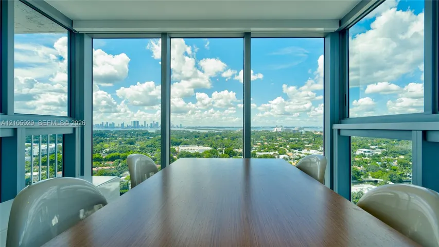 Floor-to-ceiling windows featuring panoramic exterior scenery, expansive glass walls, and a neutral interior finish