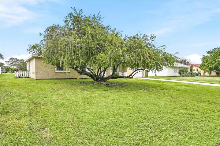Stucco exterior featuring an expansive front lawn, mature specimen tree, and white picket fencing
