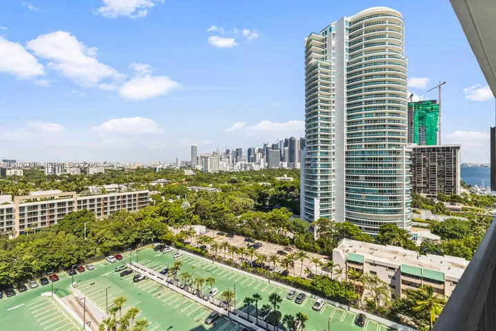 High-rise urban landscape featuring an expansive city skyline, mature canopy trees, and waterfront proximity