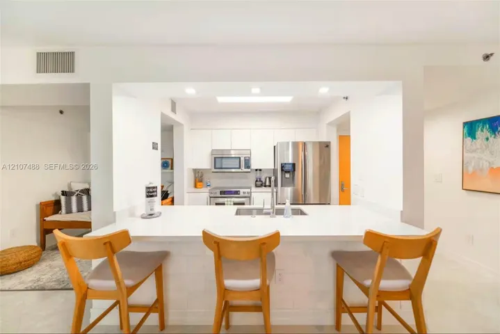 Kitchen featuring white flat-panel cabinetry, stainless steel appliances, a quartz-surface peninsula, and a built-in sink with a gooseneck faucet