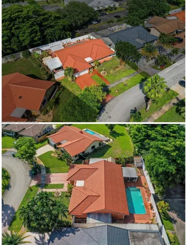 Single-story residence featuring a terracotta-tiled roof, an inground swimming pool, a covered patio, and a paver driveway