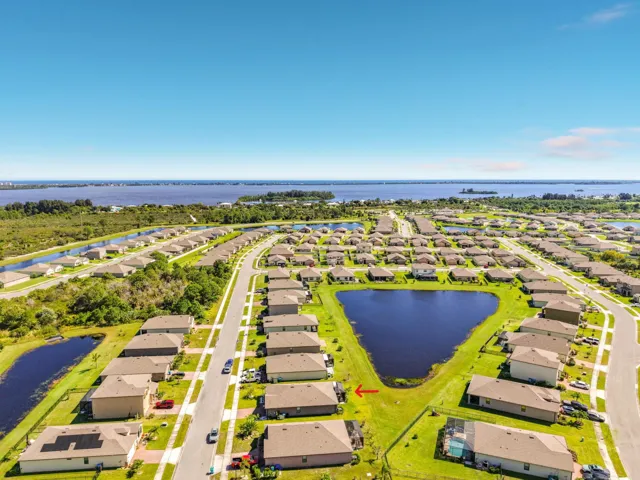 Aerial with arrow full lake view