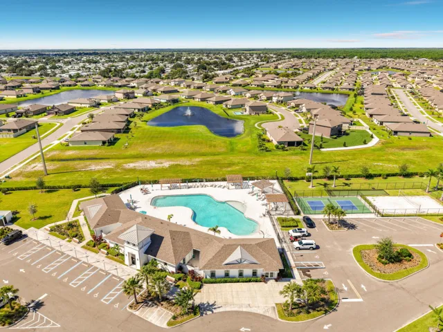 Aerial of pool with houses and lakes