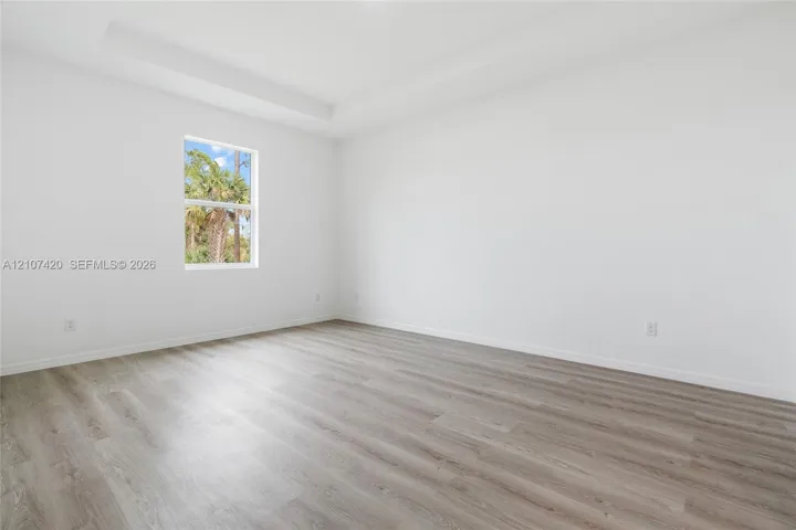 Neutral-toned room featuring a tray ceiling, wood-finish flooring, and a single-pane window