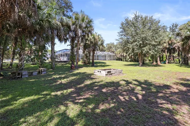 Expansive backyard featuring a screened-in lanai, mature palm and oak trees, and cinder block hardscaping elements