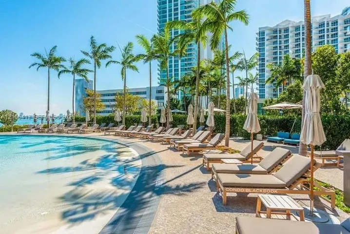 Resort-style pool with a zero-entry edge, surrounded by mature palm trees and extensive stone-paver decking