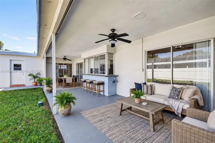 Backyard w/ covered patio & fans