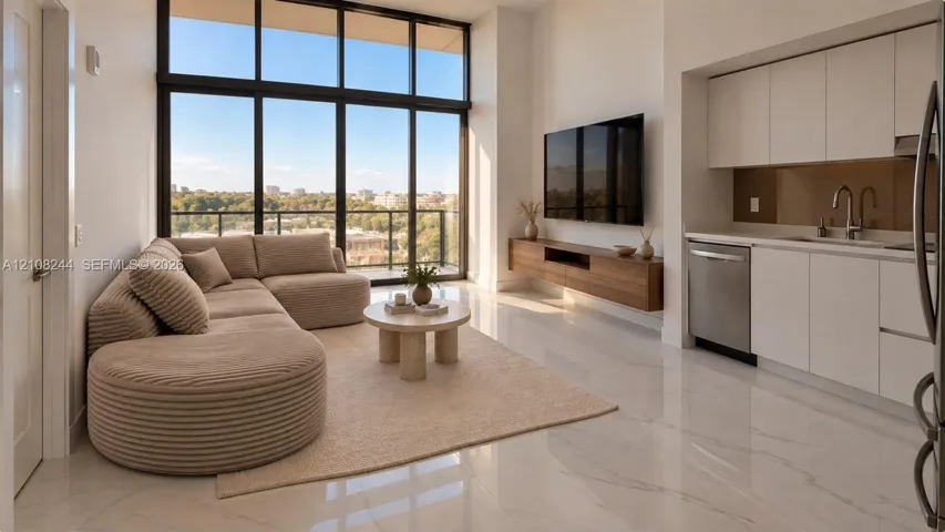 Floor-to-ceiling windows, polished stone-finish flooring, linear kitchen cabinetry with integrated stainless steel appliances, and a wall-mounted wood-finish media console