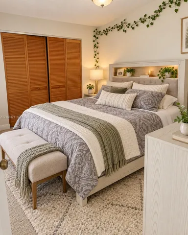 Interior space featuring louvered wood-finish closet doors and neutral carpeting