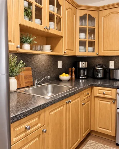Kitchen featuring natural-finish cabinetry with glass-panel upper doors, dark textured stone-finish countertops, and an undermount stainless steel sink with a curved faucet