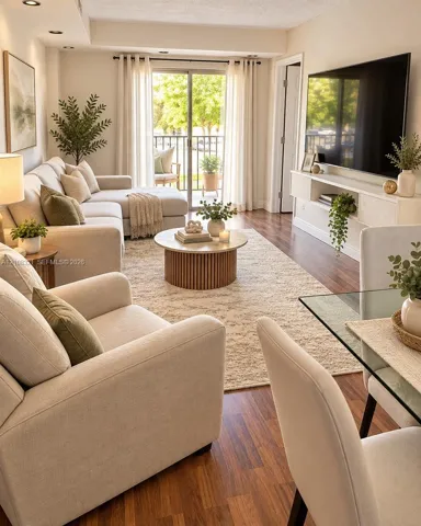Living area featuring wood-finish flooring, recessed lighting, built-in media console, and a sliding glass door providing external balcony access