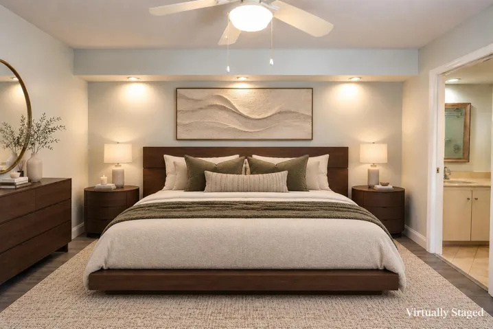 Virtually stage main bedroom with en suite bath