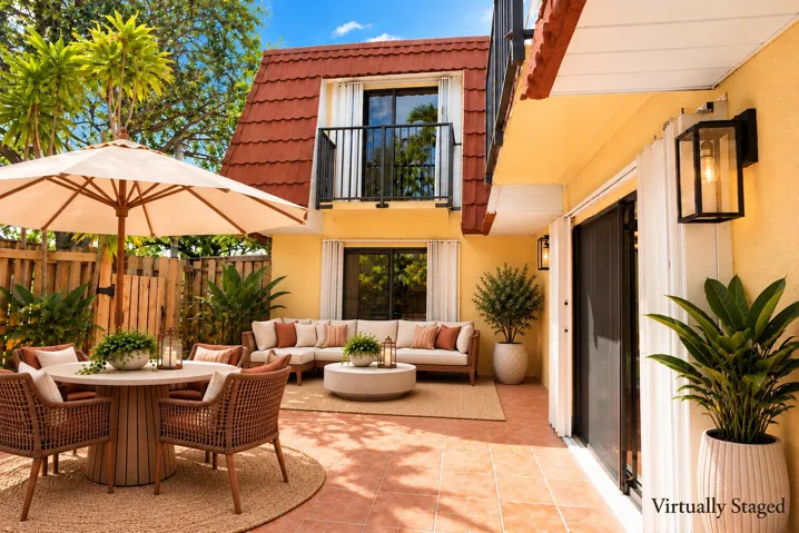 Virtually staged courtyard with tile flooring & beautiful landscape around