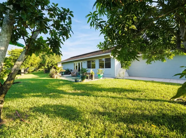 Expansive backyard featuring a sprawling lawn, mature trees, and a paved patio area