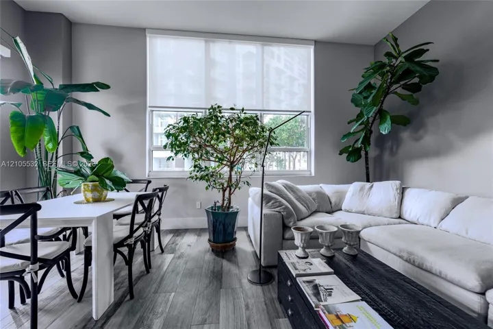 Living space featuring wood-finish flooring and a large multi-pane window with a neutral roller shade