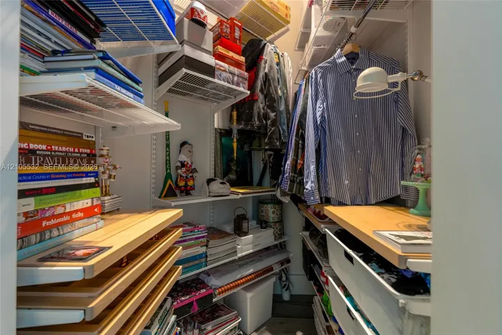 Walk-in storage featuring tiered shelving, built-in wooden surfaces, sliding drawers, and hanging rods
