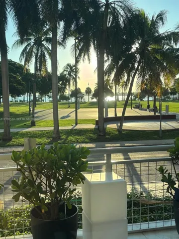 Balcony with a wire-mesh railing overlooking a public park featuring a paved sports court, paved pathways, and mature palm trees