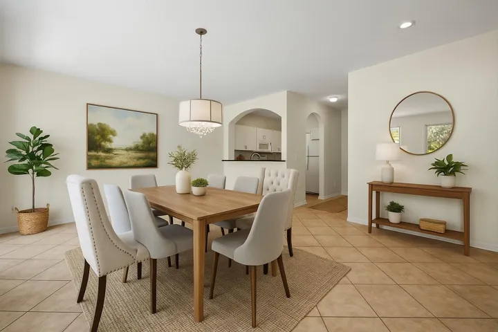 Virtually staged dining area highlighting the open floor plan and space for entertaining.
