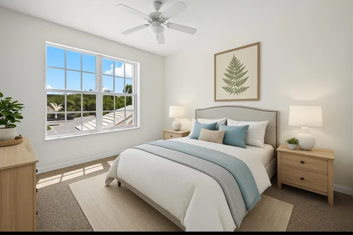 Virtually staged bedroom highlighting its comfortable layout, large window, and natural light.