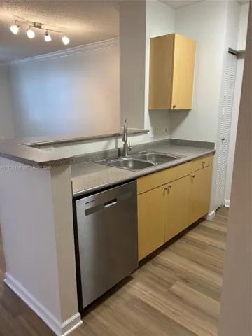 Kitchen featuring light-finish cabinetry, stone-texture countertops, stainless steel dishwasher, dual-basin stainless steel sink with high-arc faucet, and wood-finish flooring